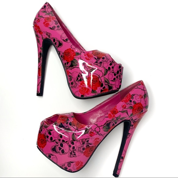 Ami Clubwear Skull & Roses Hot Pink Platform Heels - Picture 2 of 8